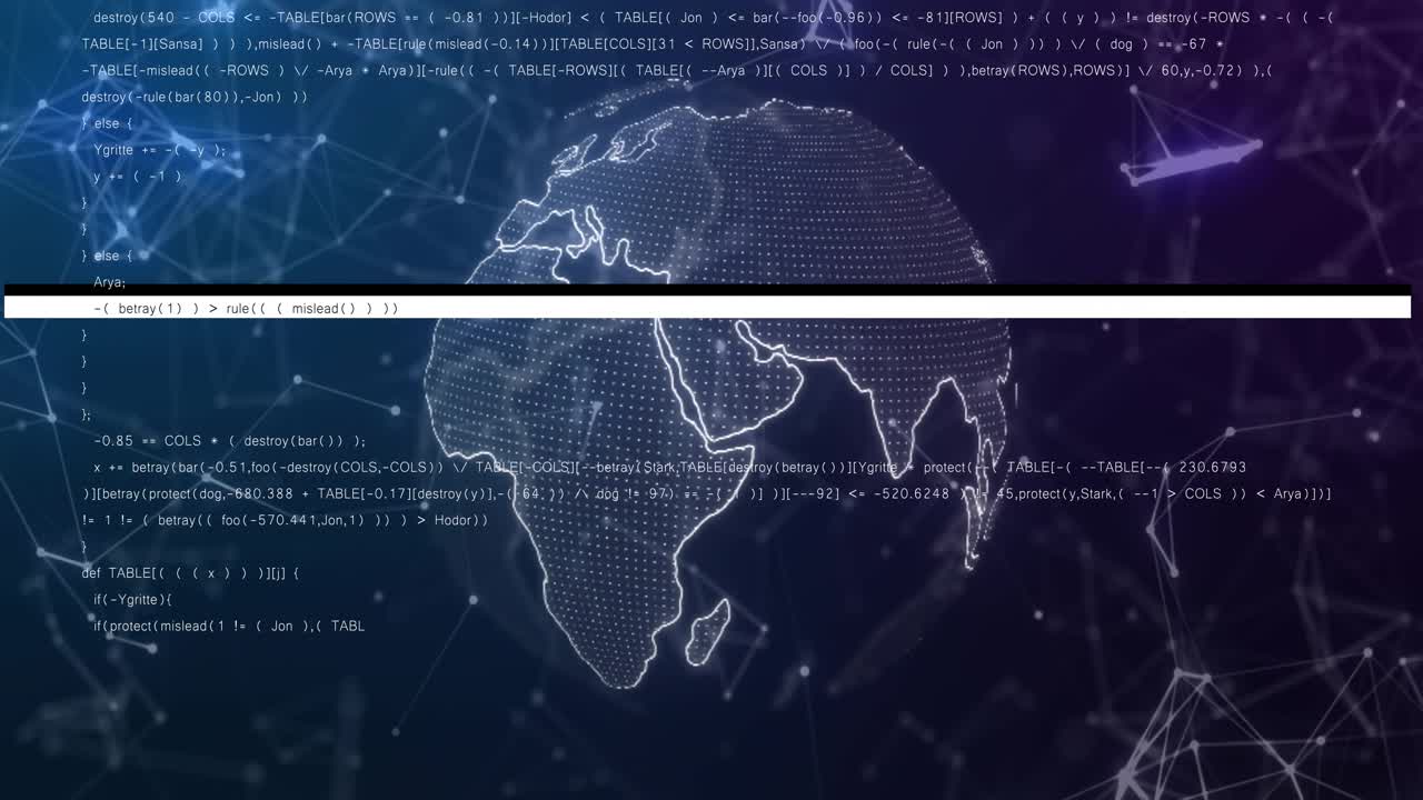 Scanline sweeping starting dotted globe rotating, shifting to mesh, showing code and mapping data