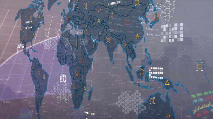 Animation of data processing and world map over cityscape