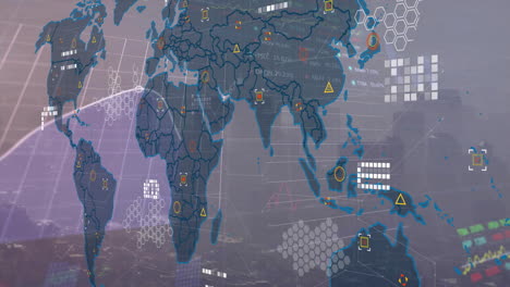 Animation-of-data-processing-and-world-map-over-cityscape