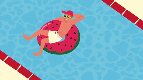 man relaxing in red float in the pool animation