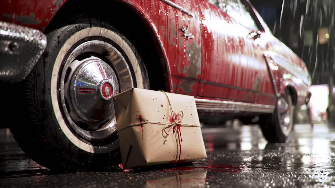 A Rainy Evening Scene Featuring a Classic Red Car with a Gift Box Resting on the Wet Street, Capturing a Mysterious and Atmospheric Moment in Urban Life