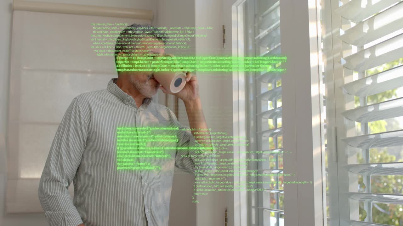 Man by shutters, sunlight casting lines and tech code drifting, leading to sipping mug reflecting