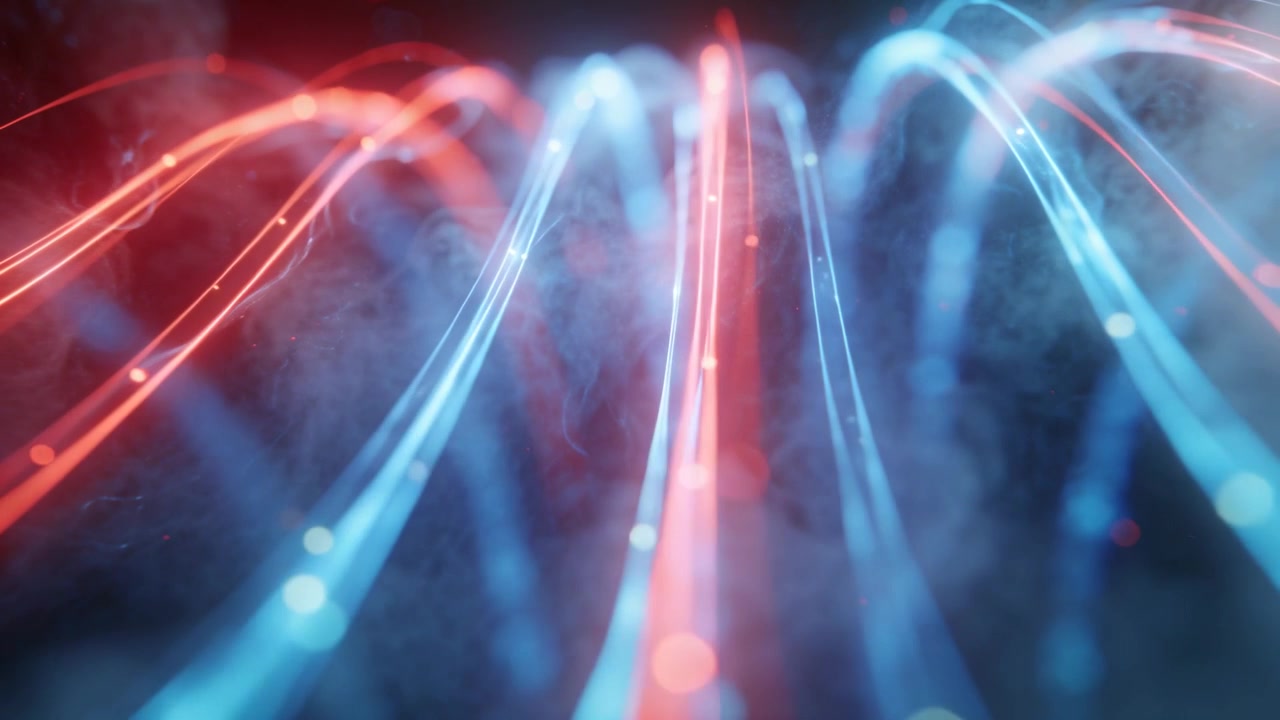 Pulsing red-blue ribbons arcing upward in dark 3D, camera moving forward revealing arcs and fog
