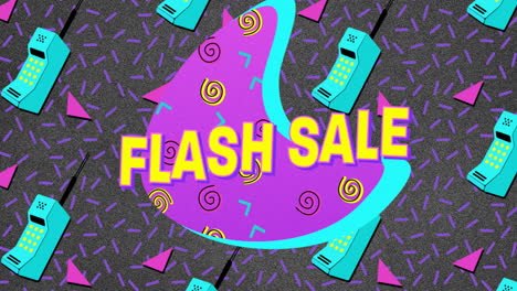 Animation-Von-Retro-Flash-Sale-Text-Auf-Rosa-Und-Blau-Gemusterten-Klecksen-Mit-Retro-Handys