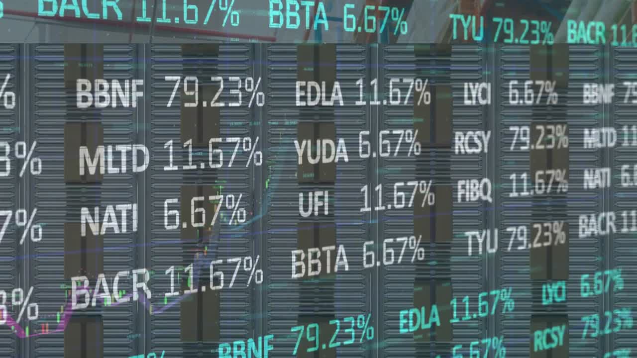 Animation of financial data processing over cardboard boxes on conveyor belts in background