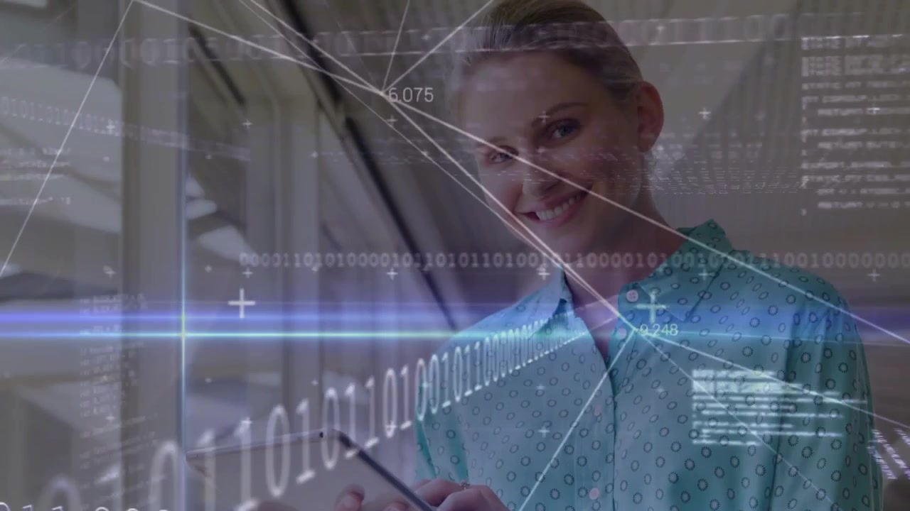 Business woman tapping tablet, camera pulling back, HUD overlaying binary streams analyzing data