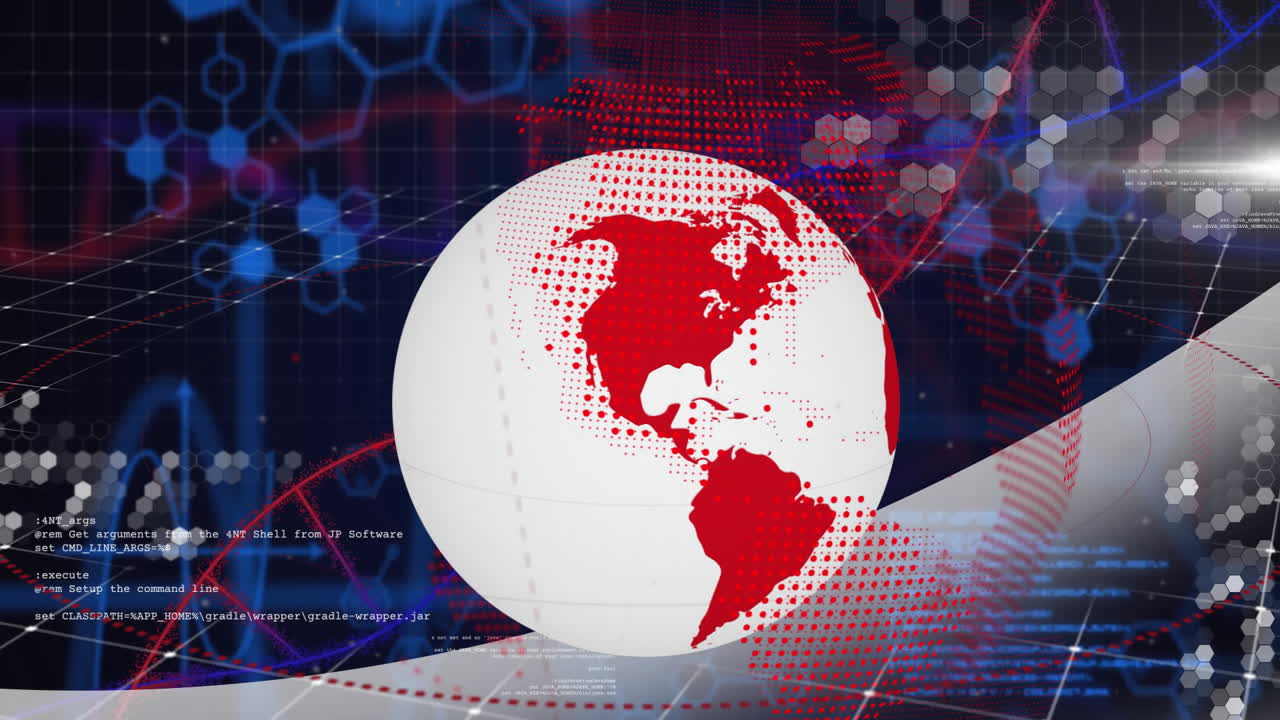 Animation of red and white globe with digital network connections in background