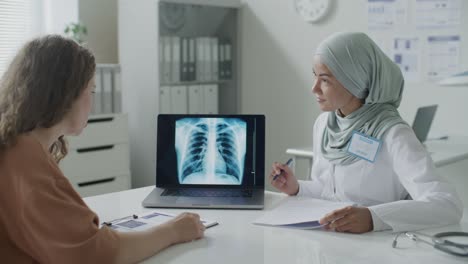 muslim female doctor explaining chest x-ray results during medical consultation