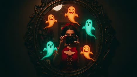 a captivating reflection: a mysterious figure captures an enigmatic moment in a dimly lit room surrounded by colorful ghostly apparitions