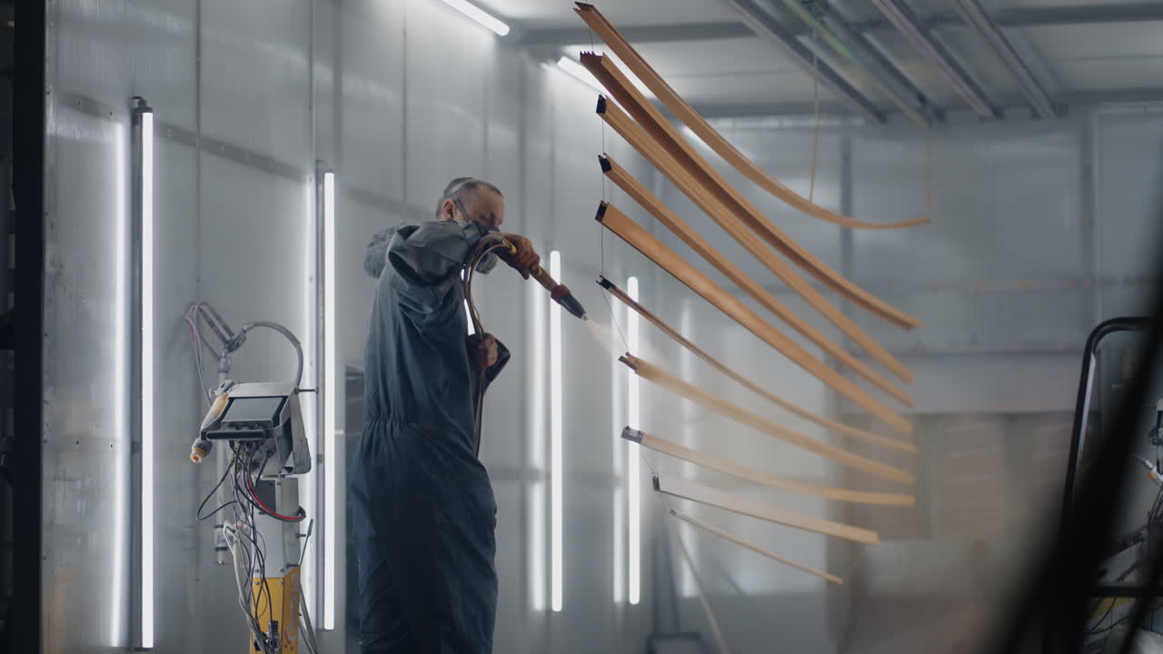 Molar sprays paint on steel profiles in a respirator mask and protective suit in slow motion. Production and painting studio. Powder coating. Factory painting room