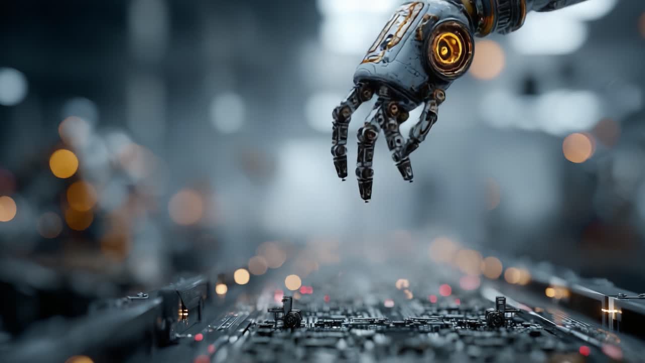 Una Mano Robotica Complessa che Interagisce con una Scheda Elettronica ad Alta Tecnologia, Mostrando Tecnologia Avanzata e Precisione in un Ambiente Futuristico.