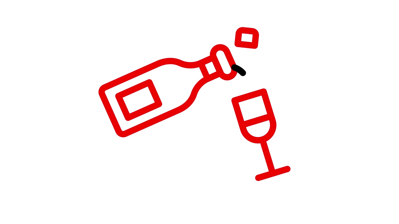 Animazione a contorno rosso di bottiglia di champagne che si versa in un bicchiere