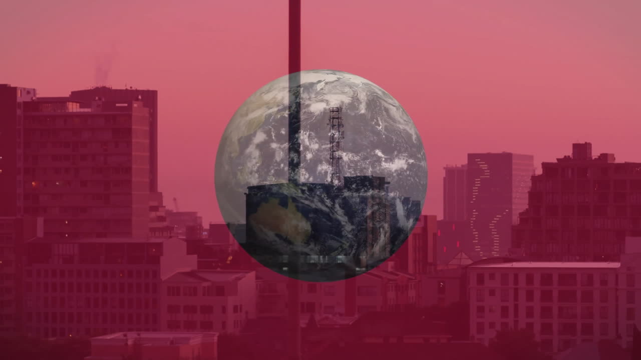 Earth globe rotating over cityscape with pink sky in background