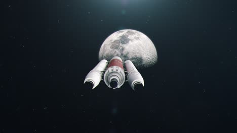 space rocket seen from behind approaching the moon