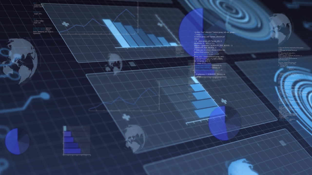 Displaying digital graphs and charts, animation showing data analysis on screen