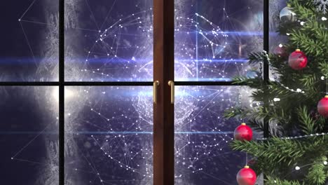 Weihnachtsbaum-Und-Hölzerner-Fensterrahmen-Vor-Dem-Globus-Des-Sich-Drehenden-Netzwerks-Von-Verbindungen