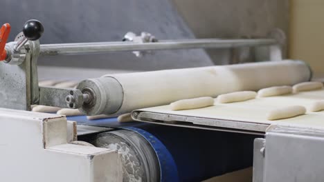 fresh bread dough rolls  moving on conveyor belt and being pressed by roller. low angle