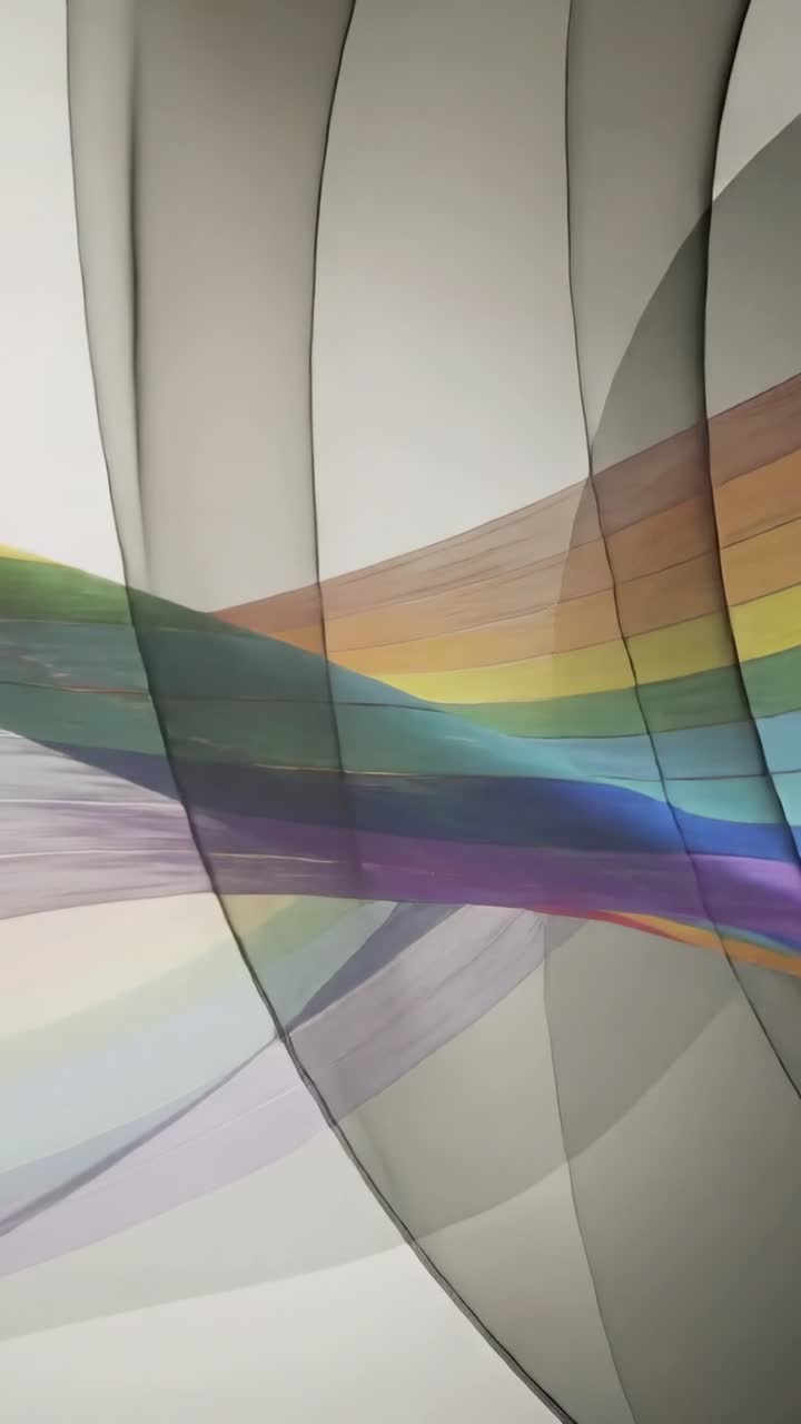 Vertical video: Entering rainbow ribbon sweeping across curved wall, intersecting gray arcs