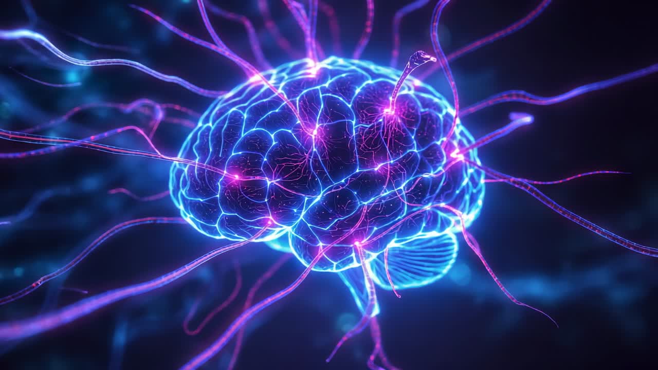 Opening black digital space, blue 3D brain fading then rotating, magenta-purple filaments pulsing