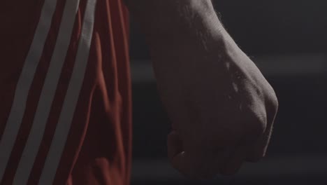 man in boxing shorts with fist ready