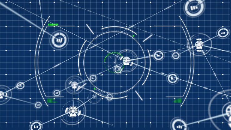 Animation of network of connections with icons over scope scanning