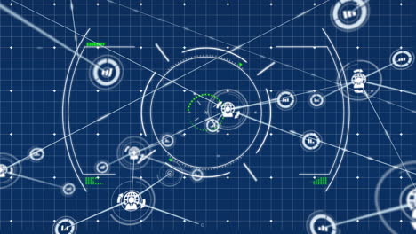 animation of network of connections with icons over scope scanning