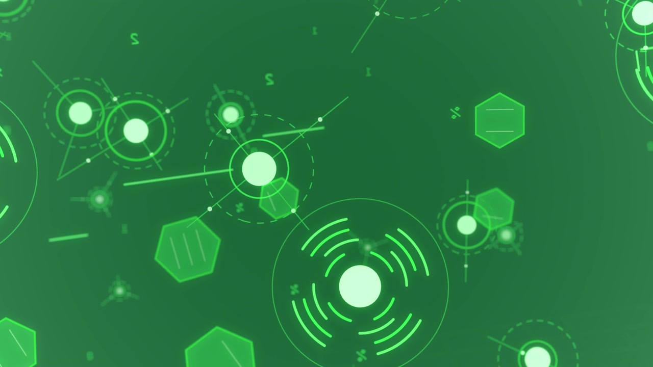 Opening on neon-green HUD node, rings pulsing and rotating, hexes drifting data-viz on transparent