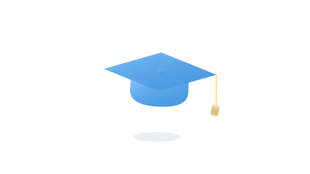 Tocco di laurea blu animato che fluttua su sfondo bianco