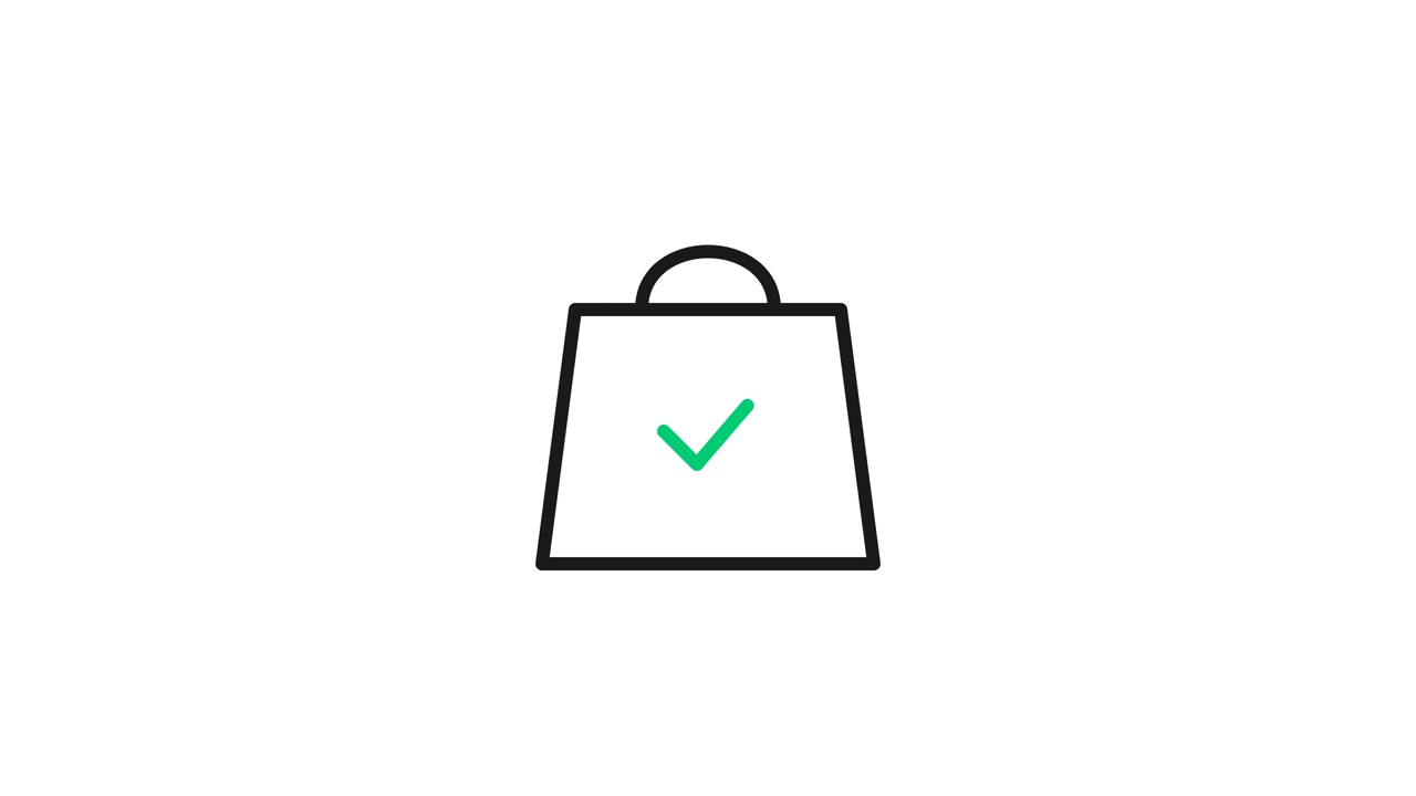 Disegno al tratto animato di una borsa della spesa con un segno di spunta verde