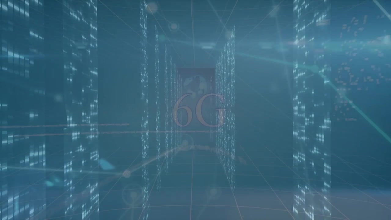 Animazione del testo 6G e di una rete di connessioni su schermi con quadrati a mosaico su sfondo blu.