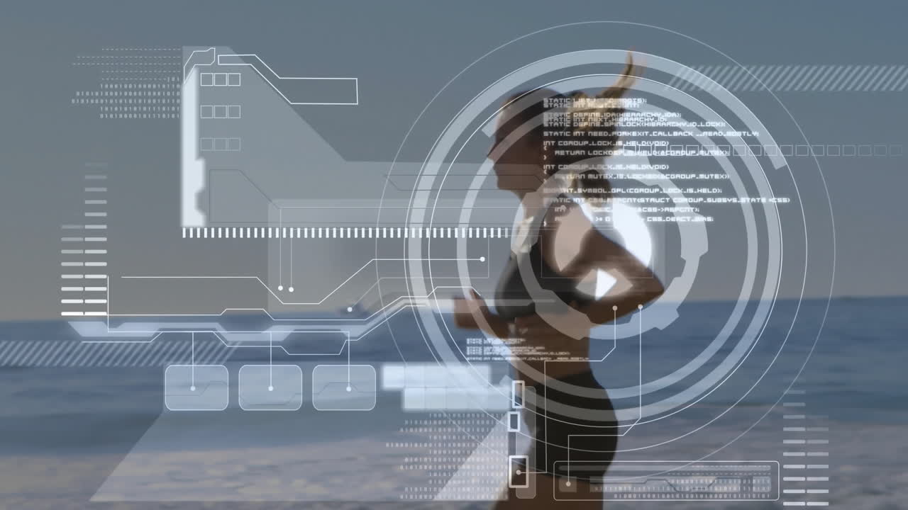 Jogging on beach, woman with animation overlay showing data analysis