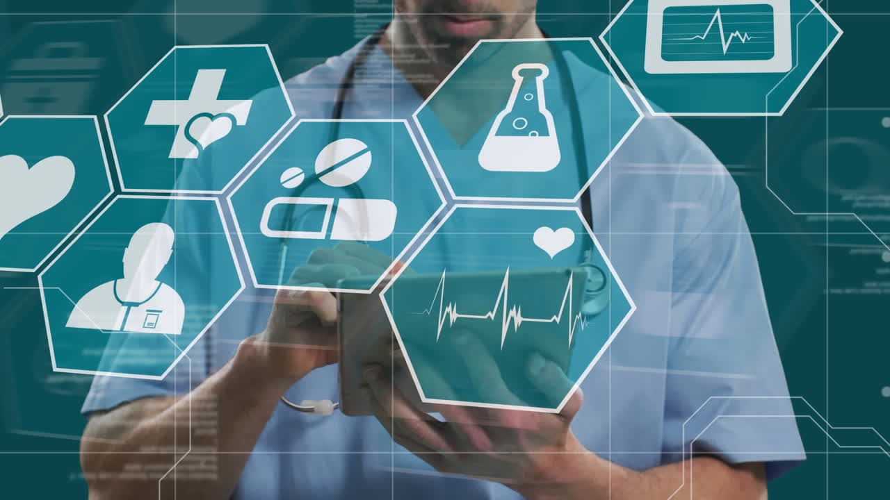 태블릿을 사용하여 두 인종의 남성 교사에 대한 데이터 처리 및 의료 아이콘의 애니메이션