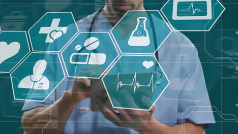 animación de procesamiento de datos e iconos médicos sobre doctror masculino biracial usando una tableta