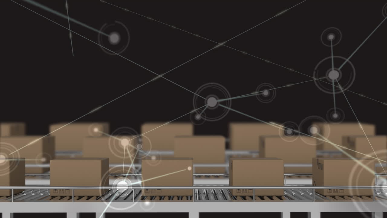 컨베이어 벨트에 있는 상자 위의 연결 네트워크의 애니메이션