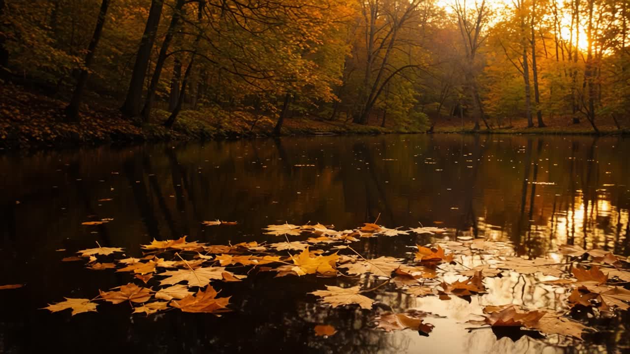 A Tranquil Autumn Evening Scene Reflecting Golden Leaves on a Calm Lake Surrounded by Colorful Trees in a Serene Natural Setting