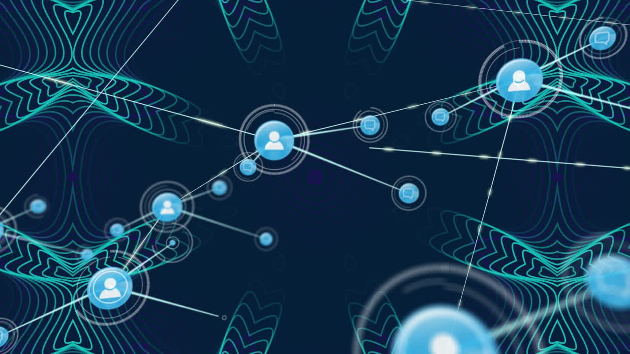파란색 배경에 녹색 칼레이도스코프 패턴 위에 디지털 아이콘 네트워크의 애니메이션