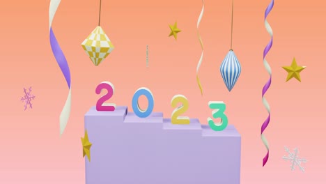 Animation-of-2023-number-over-new-year-and-christmas-decorations-on-pink-background