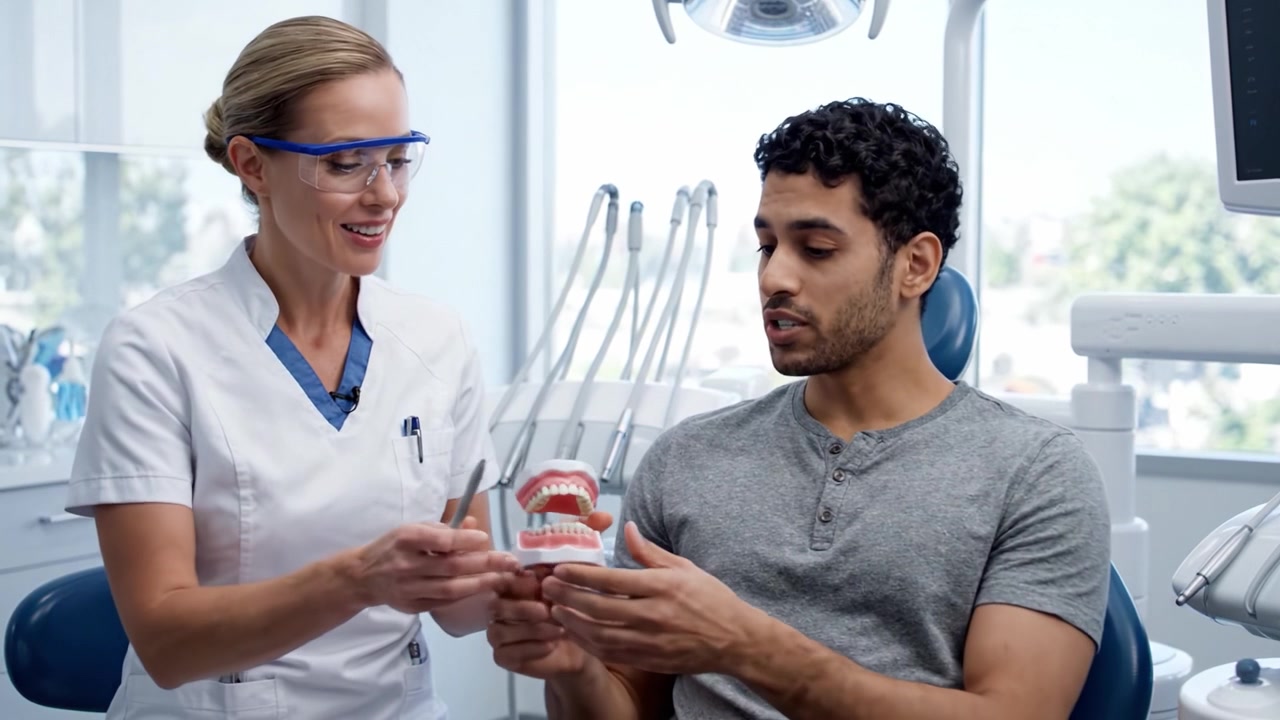 Understanding Dental Care: A Patient Receives Guidance from a Dentist Using a Model of Teeth to Explain Oral Hygiene and Treatment Options in a Modern Dental Office