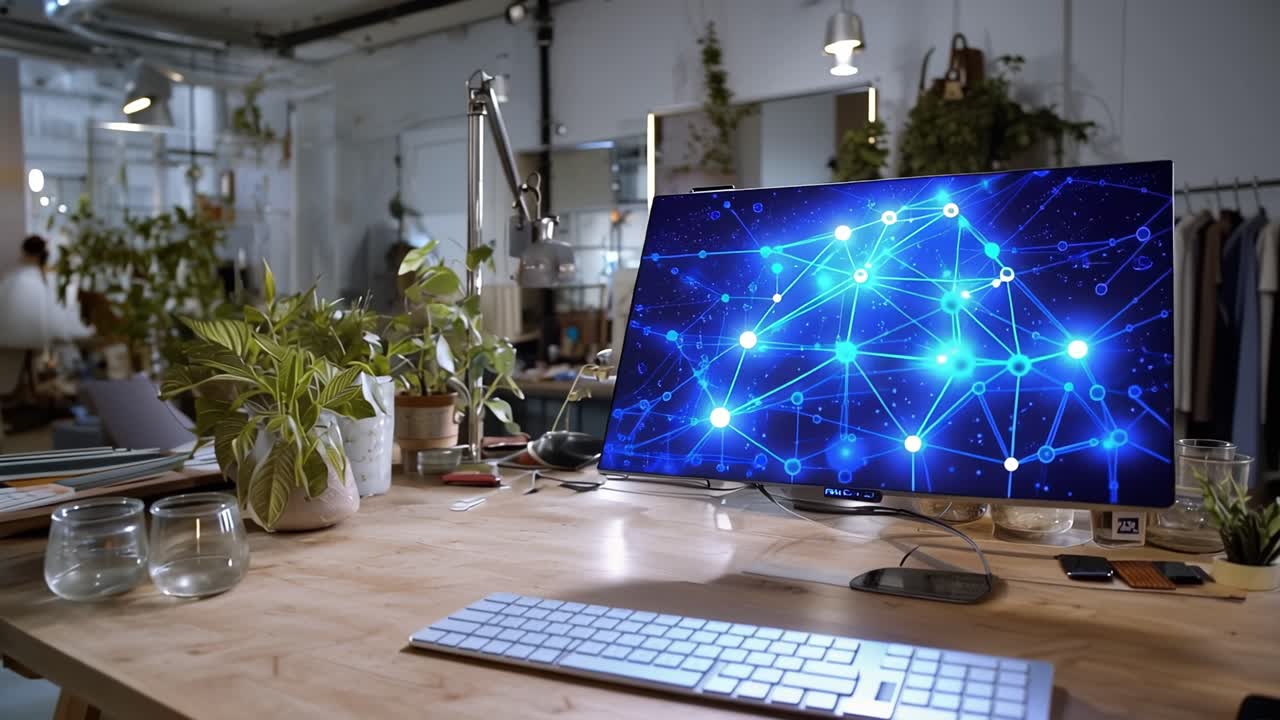 Light blue shirt hangs on mannequin. Desk holds glowing monitor and keyboard. Workspace feels modern, airy, and creative. Plants and clothing add organic, stylish touches. Ideal for tech, fashion
