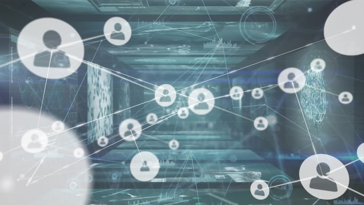 Animation of network of connections with icons over server room