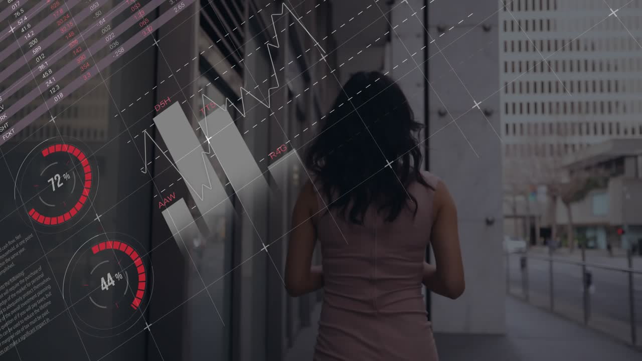 Woman walking away while camera following, causing HUD bars pie map intensifying, visualizing tech