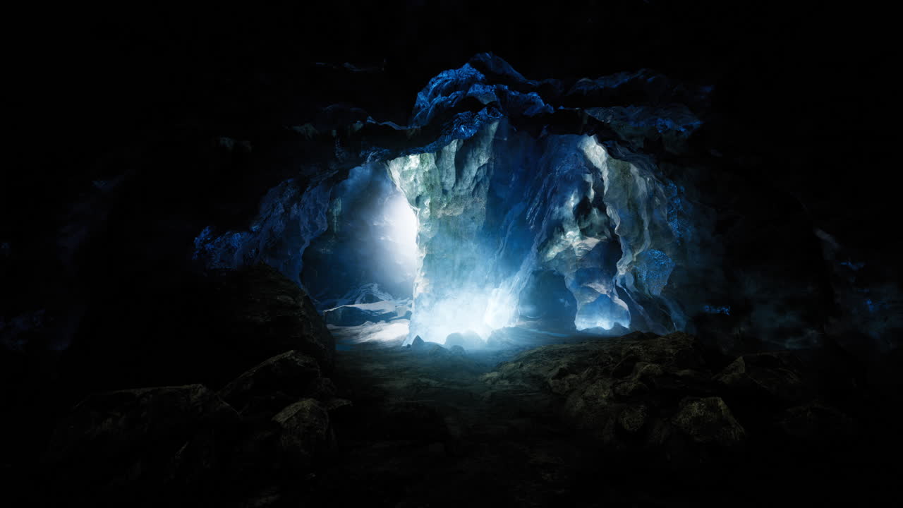 Mysterious cave reveals glowing crystals and ethereal lights at dawn