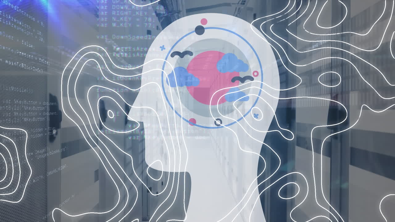 animación de la cabeza con el sol y las formas con el procesamiento de datos sobre la sala del servidor