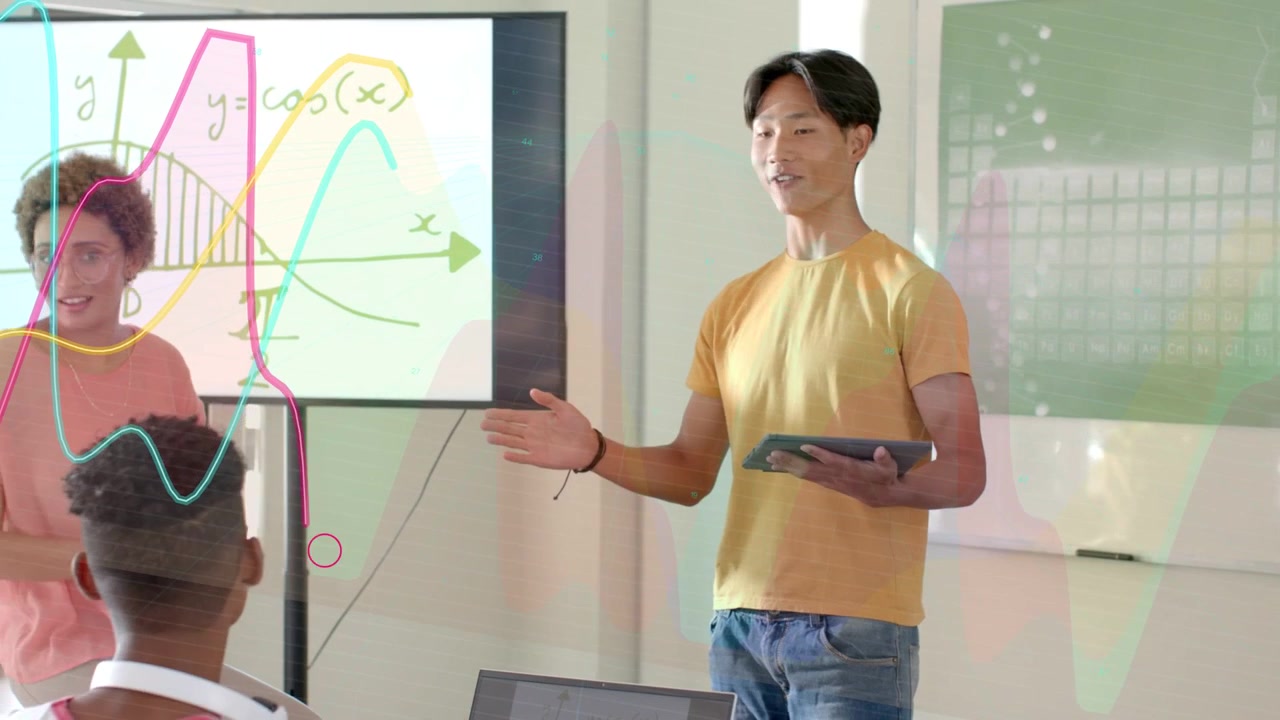 演示者帶著平板電腦進場，開始數學課，學生指向動畫餘弦圖。