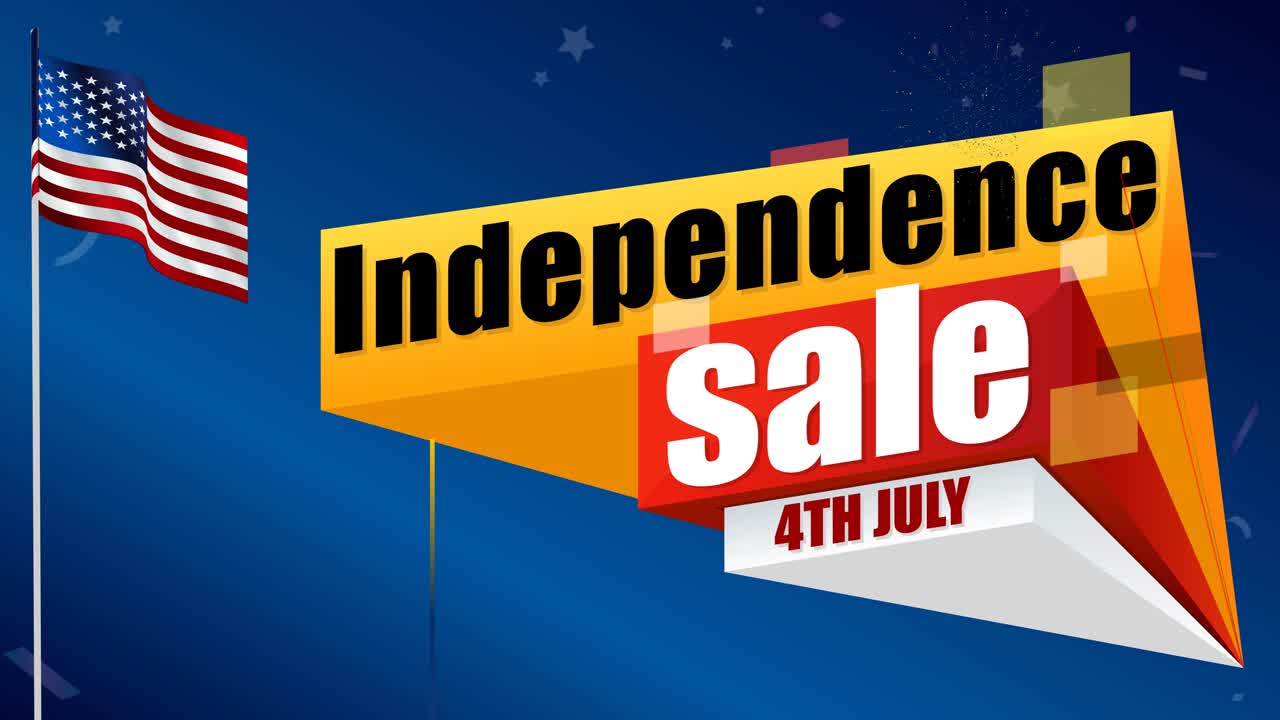 미국 국기와 불꽃놀이가 있는 가게에서 판매되는 7월 4일 인사말