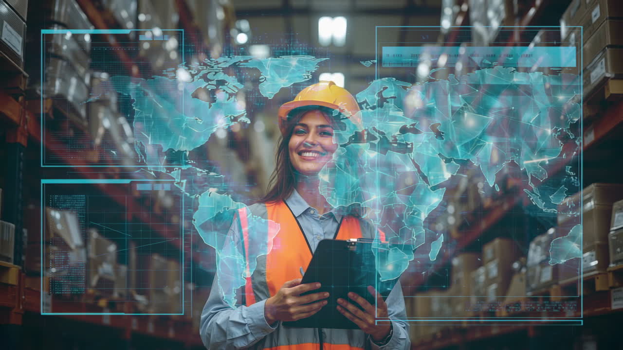 Woman working in a modern warehouse with global logistics technology overlay