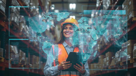 woman working in a modern warehouse with global logistics technology overlay