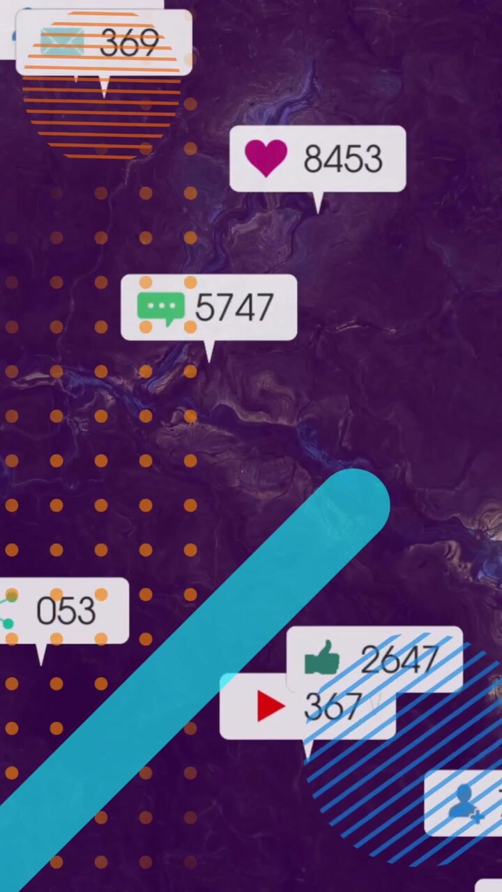 Ikoner og notifikationer overlejret farverig animation på mørk abstrakt baggrund