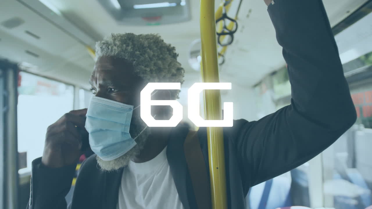 Wearing mask on bus, man reading animation with 6G text overlay
