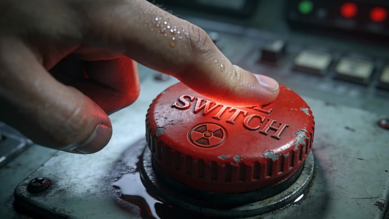 Presser bar fingertupp for å aktivere NØDSTOPP på et metallpanel, med ansamlet væske.